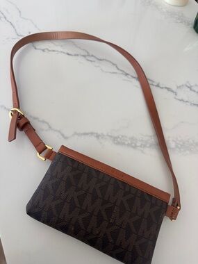 Michael Kors Dark Brown MK Monogram Fanny Pack with Tan Leather Trim